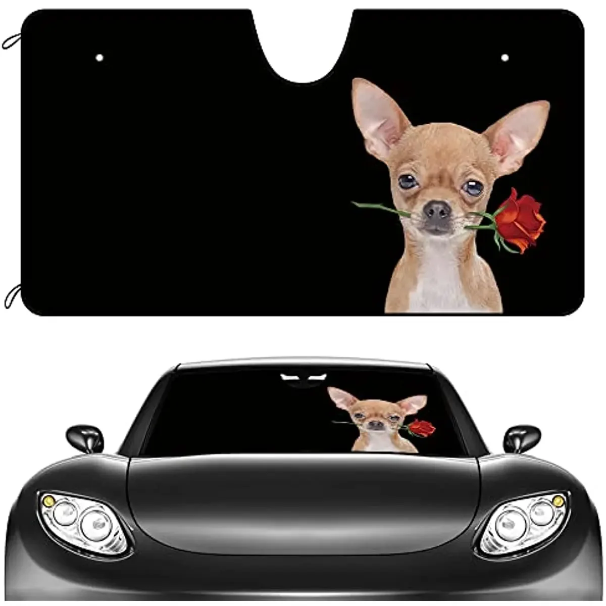 CafeTime Dog Car Front Windshield Sunshade Tan Chihuahua with Rose Black Vehicle Sun Shade Visor UV Ray Reflector Sun Protector,