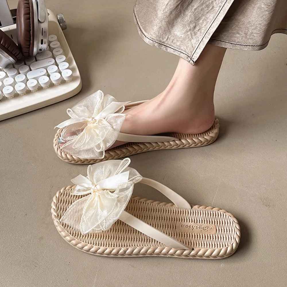 

Open-toe Mesh Bow Slippers Waterproof Streetwear Seaside Slides Sandals Non-Slip Outer Wear Shoes Platform Flip Flops Holiday