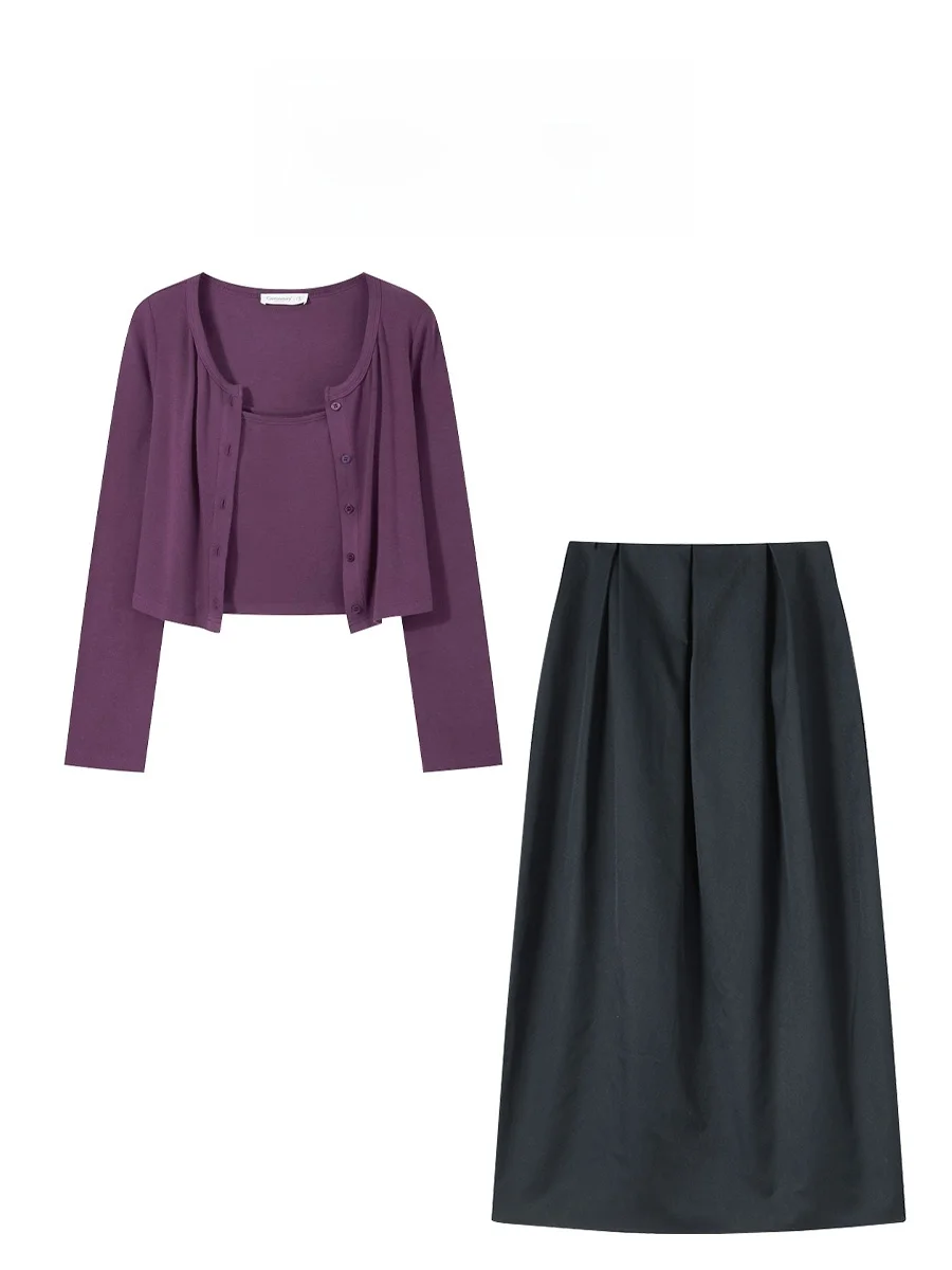 

Purple Knitted Open Cardigan Thin Shoulder Shawl Loose Slimming Midi Dress Early Autumn Set Women's Fashion Two-Piece Suit
