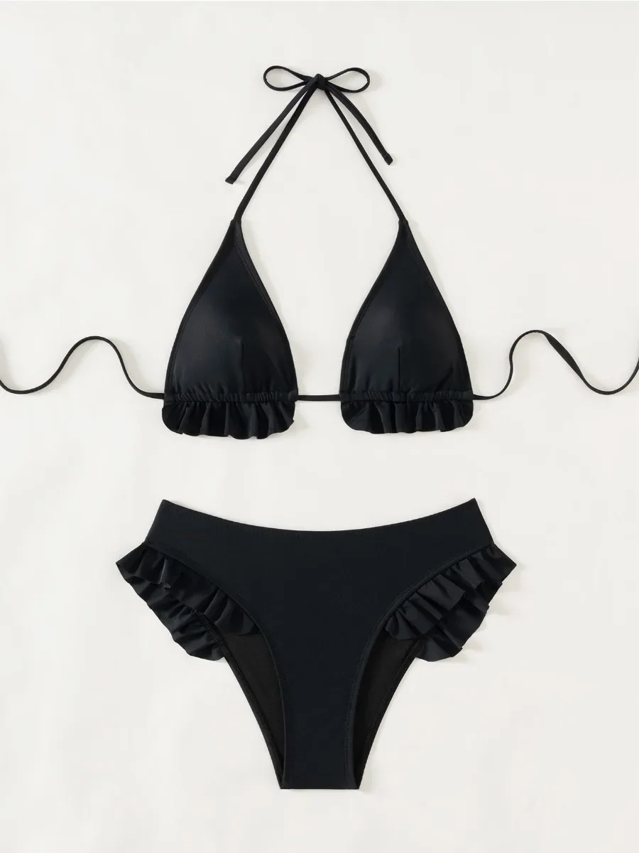 Bikini Set Solid Color Black Ruffle 2 Piece Swimsuit for Women Black V-neck Halter Backless High Waist Bathing Suit 2025 New