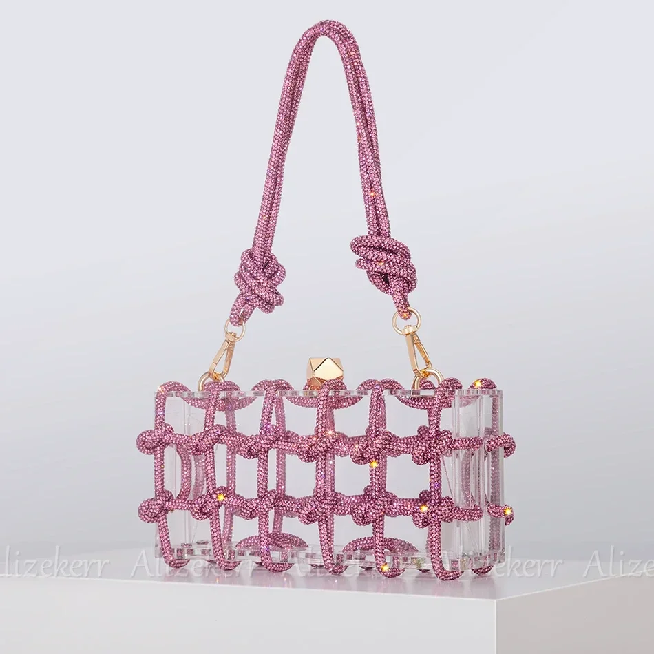 Diamond Clear Acrílico Box Evening Clutch Bags Mulheres New Boutique Woven Knotted Rope Rhinestone Bolsas E Bolsas Festa de Casamento