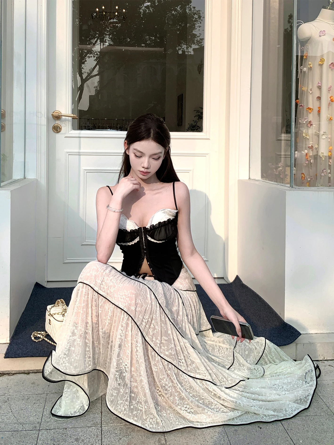 

EU Romantic Lace f Skirt Women's Heavy Embellied High Waist Pleated Long Skirt Commute Friendly Breathable Polyester