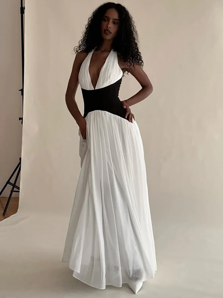Mozision Halter Deep V Neck Backless Sexy Maxi Dress Women Gown Fashion Patchwork Sleeveless High Waist Club Party Long Dress