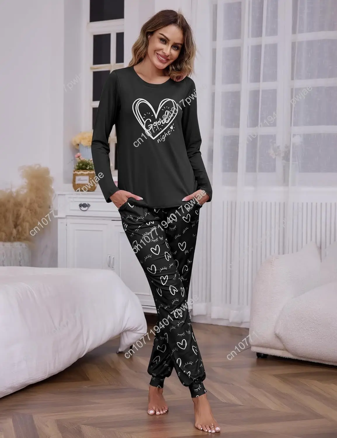Sykooria Pajama Sets for Women 2 Piece Sleepwear Pj Set Long Sleeve Top & Cute Print Jogger Pants with Pockets