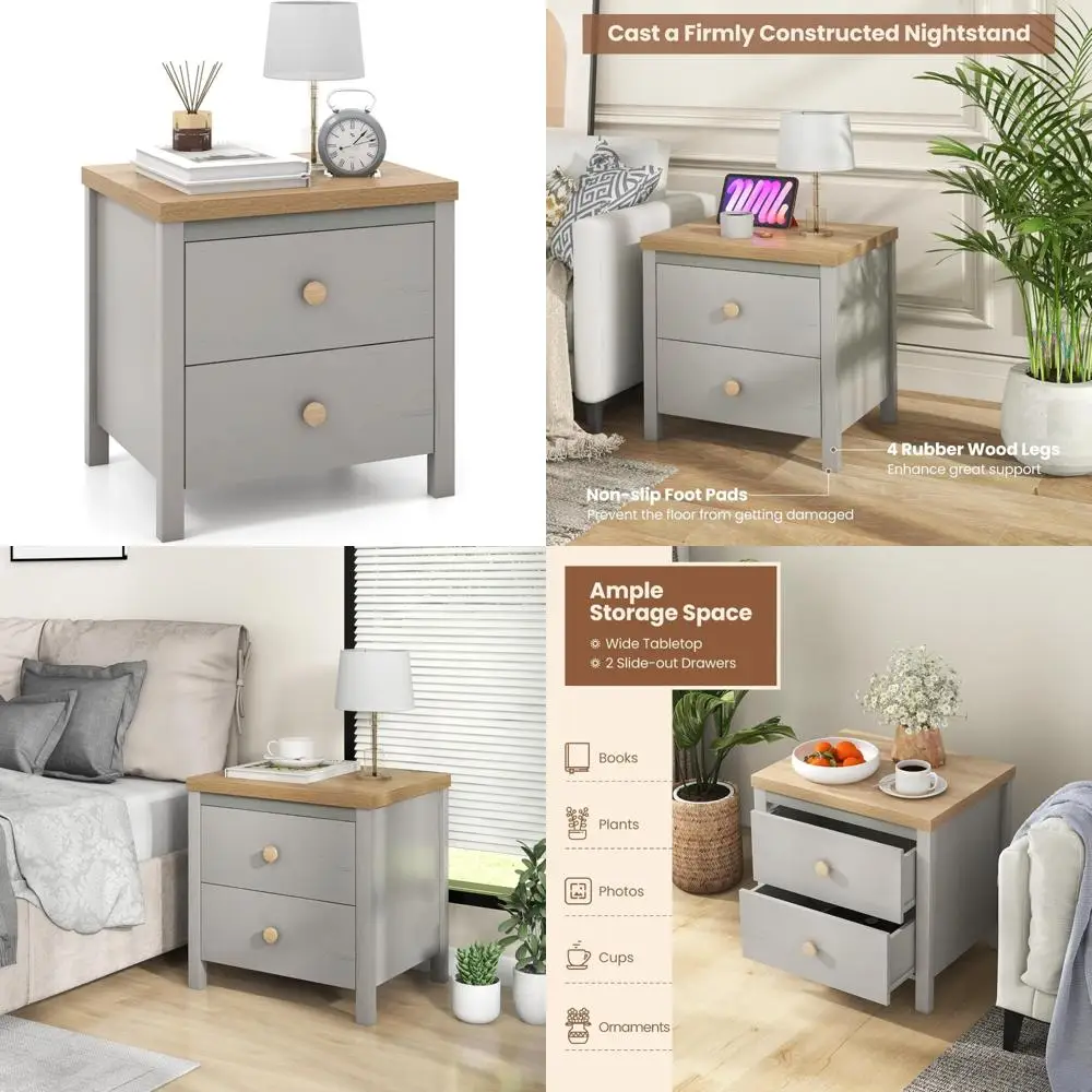 

Тумбочка в стиле фермерского дома с двумя ящиками, деревянными ножками и круглыми ручками.