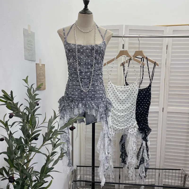 ISAROSE Summer Casual Camisole for Women Polka Dots Double Layers Stretch Mesh Patchwork Spaghetti Straps Lace Ruffles Tops