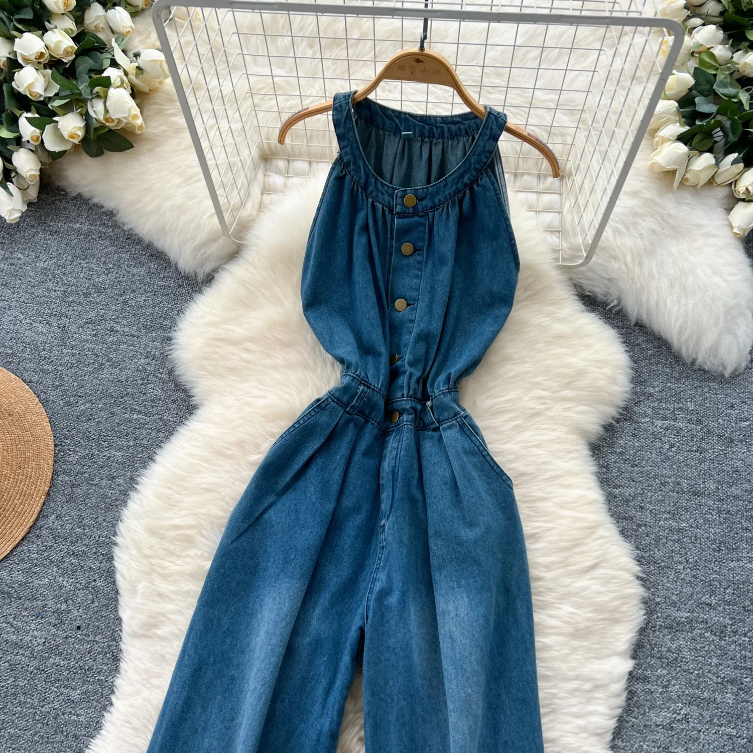 

Summer Temperament Hang The Neck Sleeveless Denim Jumpsuit. Ladies' New Solid Color Casual High-waisted Wide-leg Jumpsuit Women