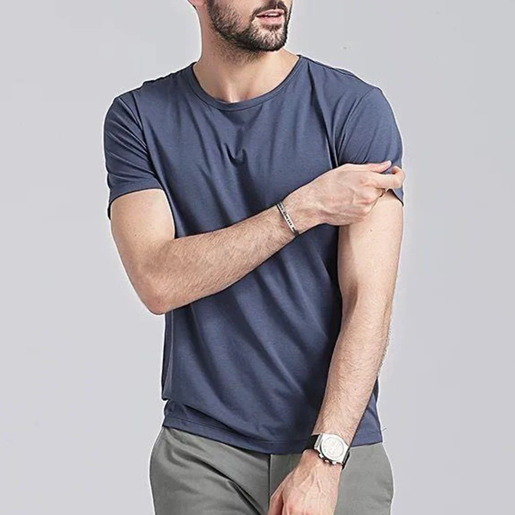 Mens Summer Ice Breathable Cool Feeling Half Sleeve T-Shirt O-neck Sports Stretch Tops Bottom Shirt Casual Solid Male T-shirt