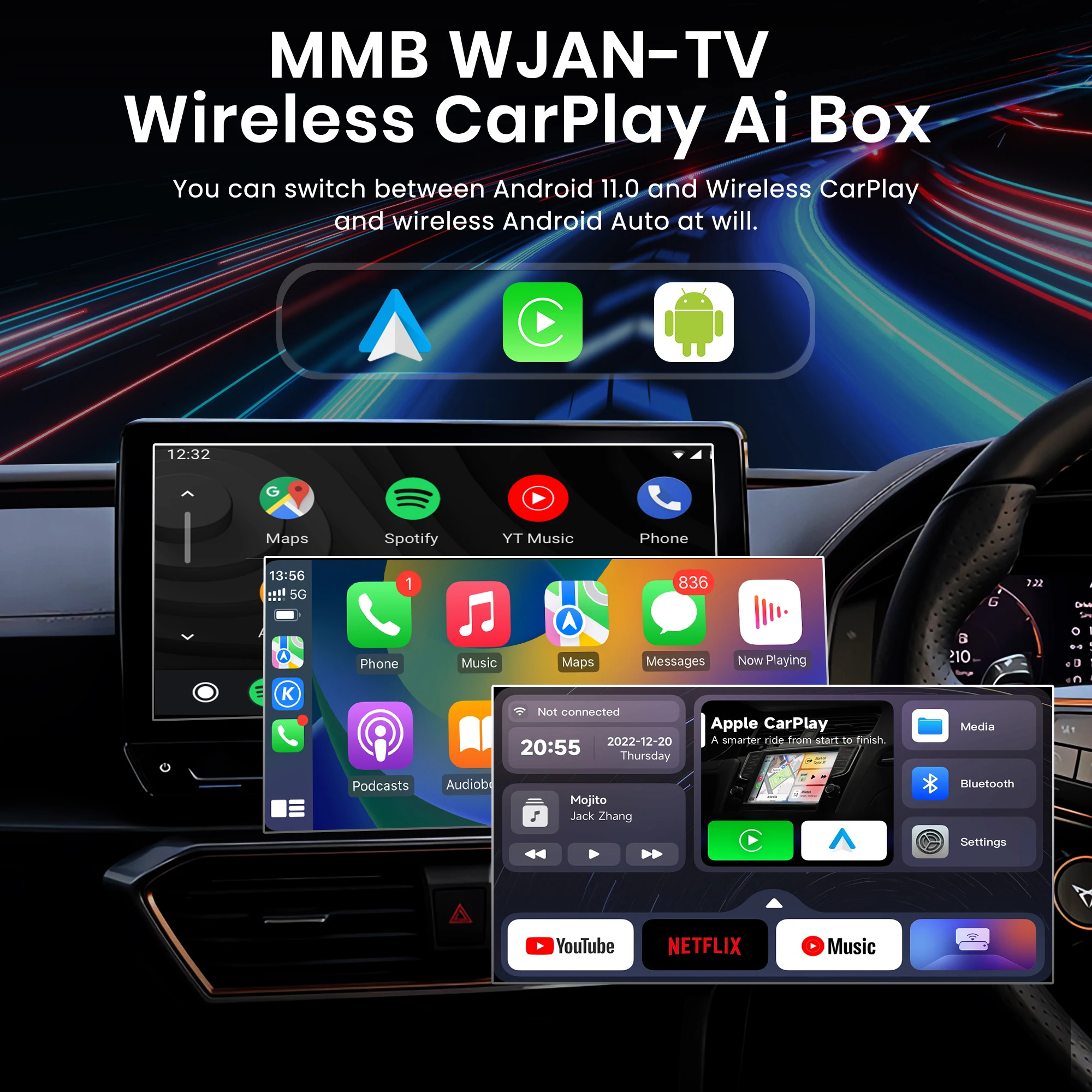 Dispositivo de TV inalámbrico MMB CarPlay Ai, Android 11,0, CarPlay, Netflix y Youtube, adaptador automático, reproductor de vídeo Multimedia para