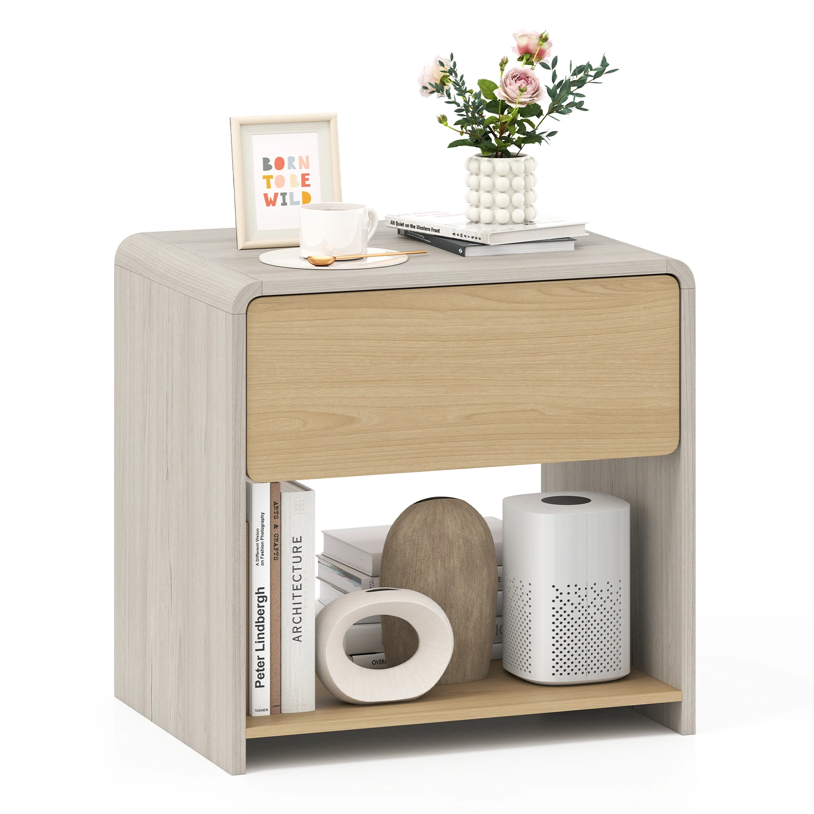 

Modern Style Nightstand 2-Tier Sofa Side Bedside Table w/ Drawer & Open Shelf