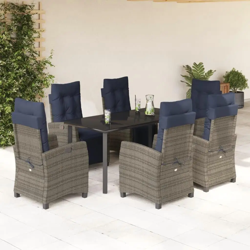 7-Piece Gray Poly Rattan Patio Dining Set with Cushions - Outdoor Furniture