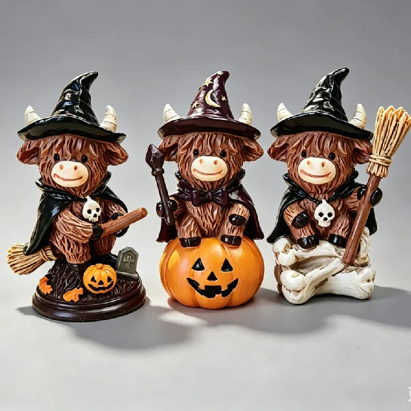Halloween Highland Cow Witch Figurines Set Resin Pumpkin Broom Statue Home Desktop Decor Spooky Cute Holiday Ornament Gift