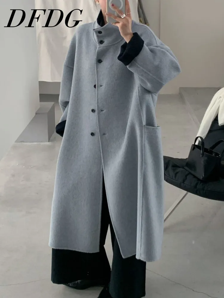 

DFDG Woman's Cuffless Doublesided Versatile Solidcolor Design Single-button Long Coat 2025 Spring Loose High-quality Long Length