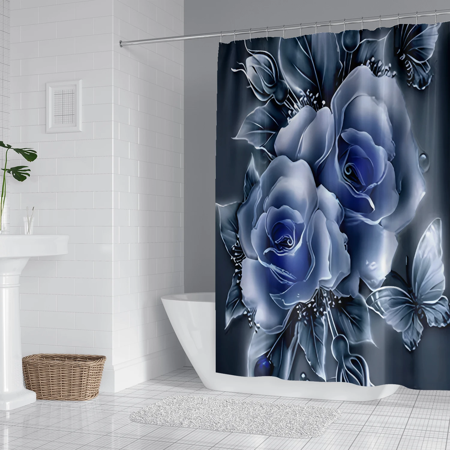 1 piece of polyester ice blue rose pattern shower curtain, animal and plant pattern polyester single shower curtain, decorative