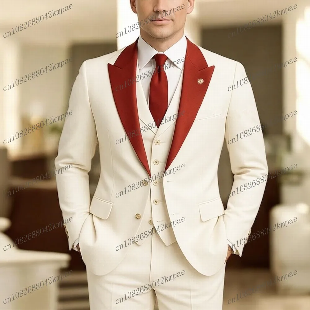

Новый красный воротник, белый деловой мужской костюм, жених, жених, свадебная вечеринка, выпускной, деловой мужской смокинг, комплект из 3 предметов, пиджак, жилет, брюки
