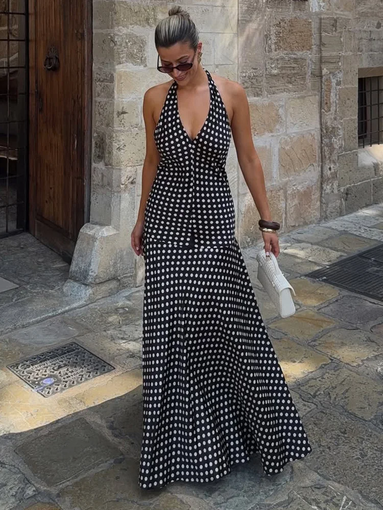 

Trendix Polka Dot Print Backless Dress Women Summer Sexy Deep V Neck Sleeveless Off Shoulder Maxi Dresses Elegant Evening Dress