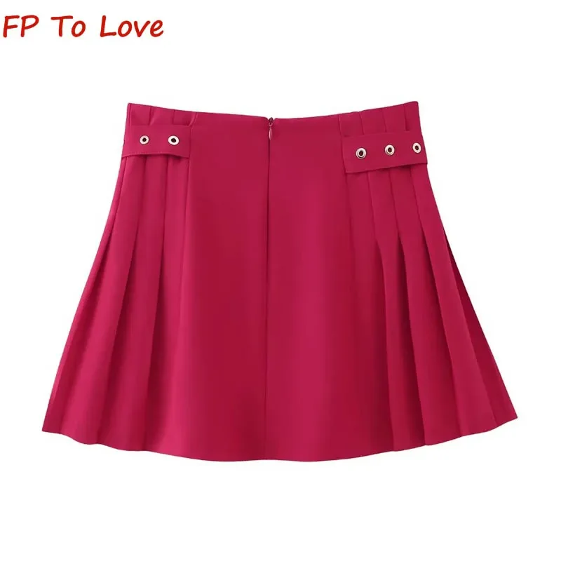 Y2K Spice Girls High Waist A-Line Mini Skirt Rose Red With Belt Pleated Half Skirt 9878092