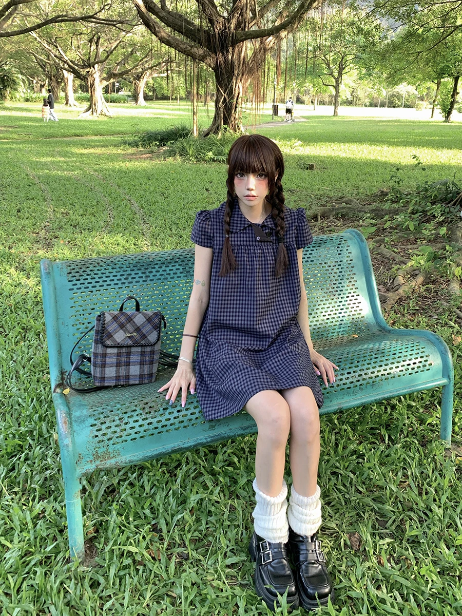 

Summer New Style Korean College Style Plaid Doll Collar Loose Slimming Bubble Sleeve Dress Women's H-Line Short Sleeve Dress
