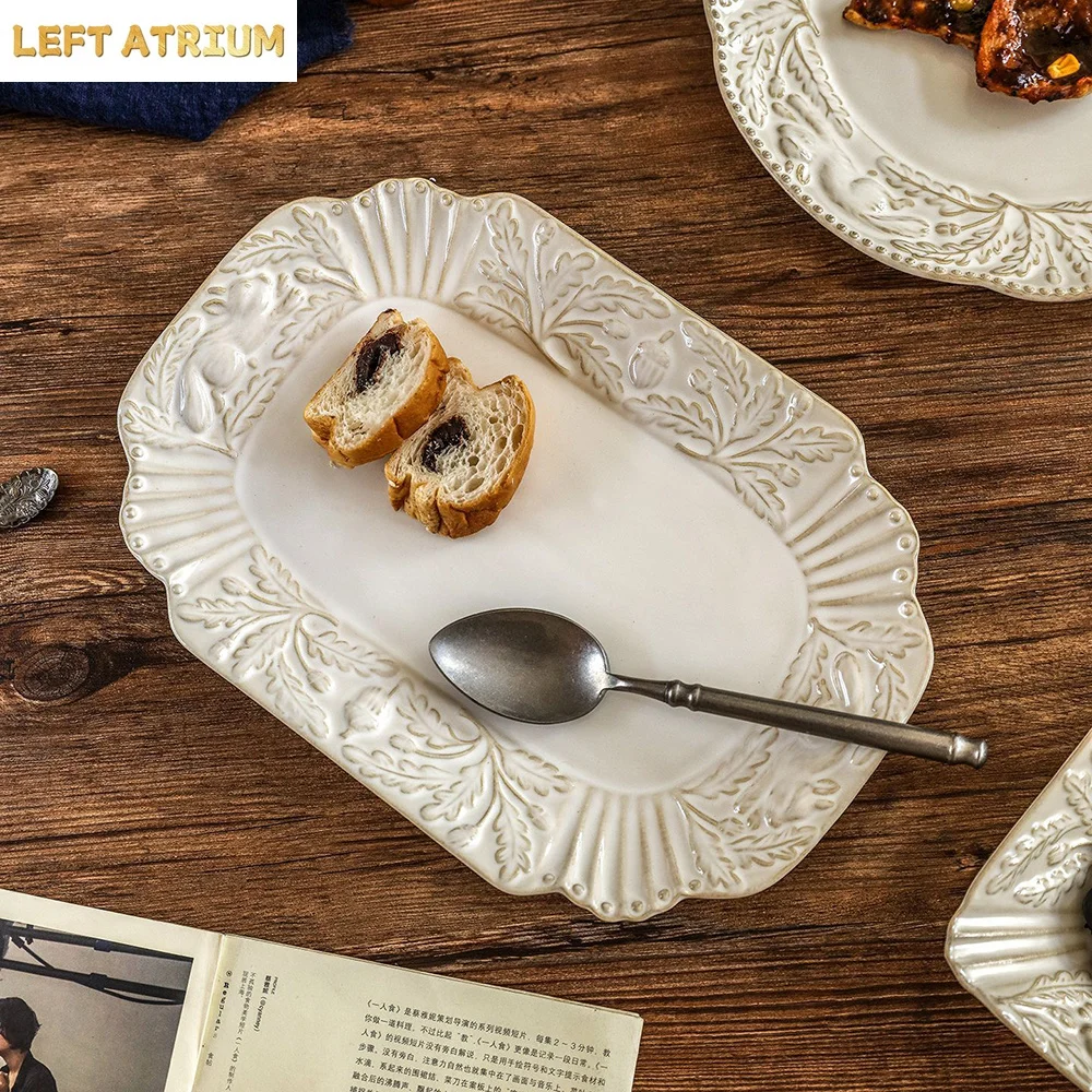 Relief Ceramic Dessert Snacks Plates Homehold Western Retro Porcelain Tableware Steak Pasta Fish Plate Kitchen Supplies