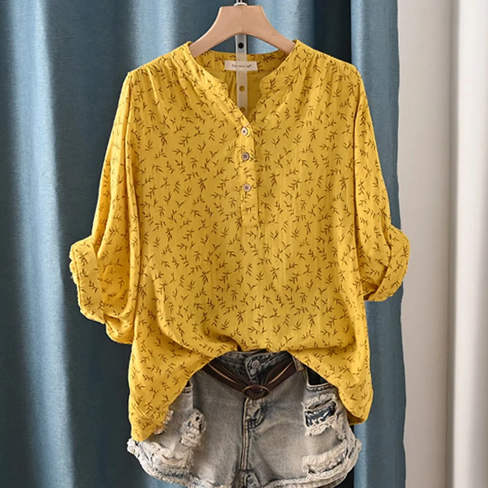 100% Cotton Yarn Casual Shirt Women Bat Sleeve Stand Collar Printed Top Girl Ladies Tops OL Loose Blouses Summer Clothes