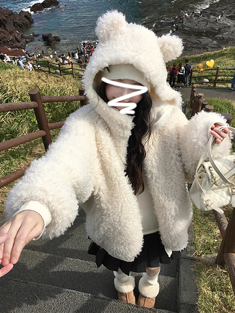 

Soft Plump Cute Bear Ear ort Hooded Jaet Women's Thiened Autumn Winter Design Sweet Sle Casual Loose Fit Zipper Closure