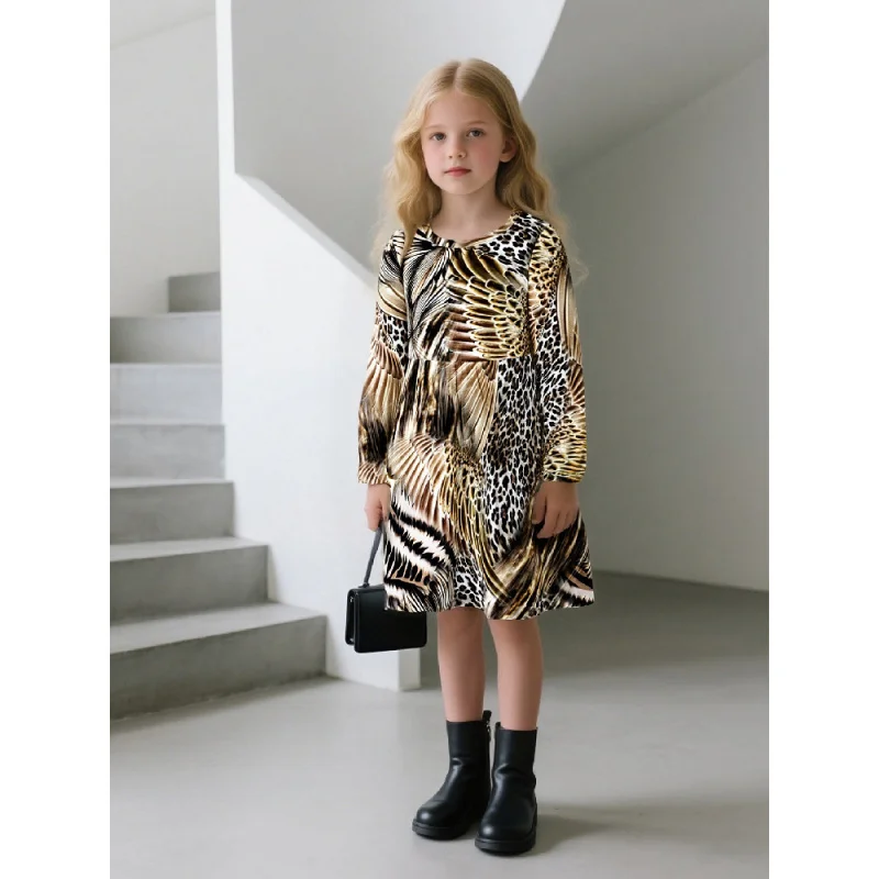 

2025 Girls' Leopard Print Long-sleeved Dress, Suitable for Parties and Daily Wear