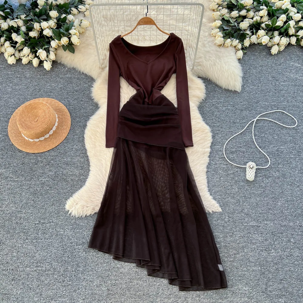 

Women Spliced Mesh Dresses A Line Solid Dress Irregular Ankle Lenth Long Sleeve Waist Cinch Slim Fit Casual Elegant 2025 Spring