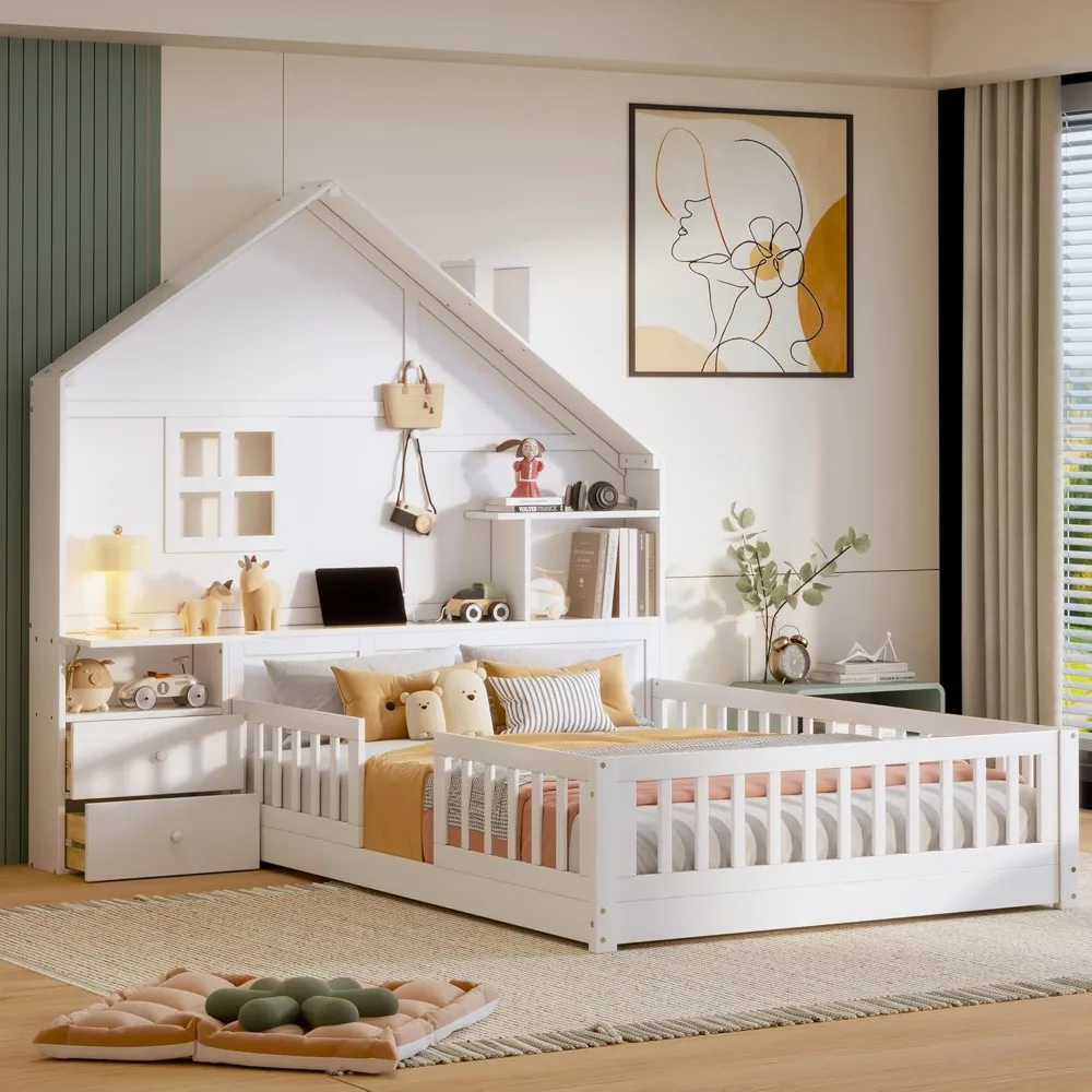 

Full Size Kids Floor Bed with Safety Fence, Solid Wood Montessori Platform Bed with House Shape Headboard with Bedside Drawers,