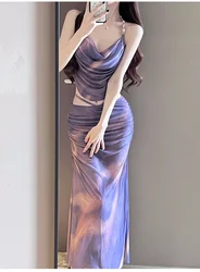 sexy Korean fashion tie dye print swimsuit 3pcs halter tie back pleat vest with long cover skirt bikinis padded swimwear biquini