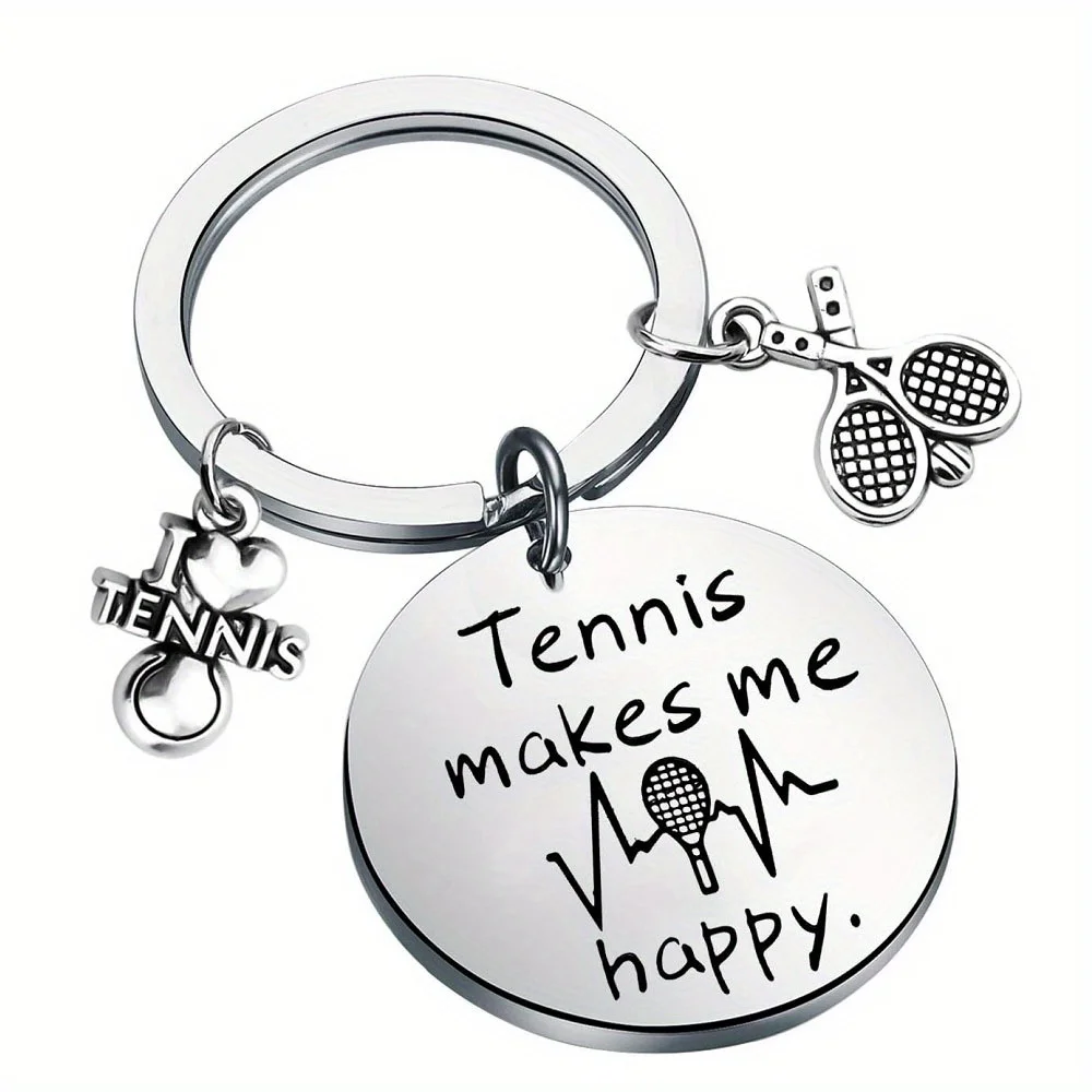 1pc Stainless Steel Tennis Racket and Ball Keychain"Tennis Makes Me Happy" Engraved Key Ring Key Holder for Tennis Enthusiasts