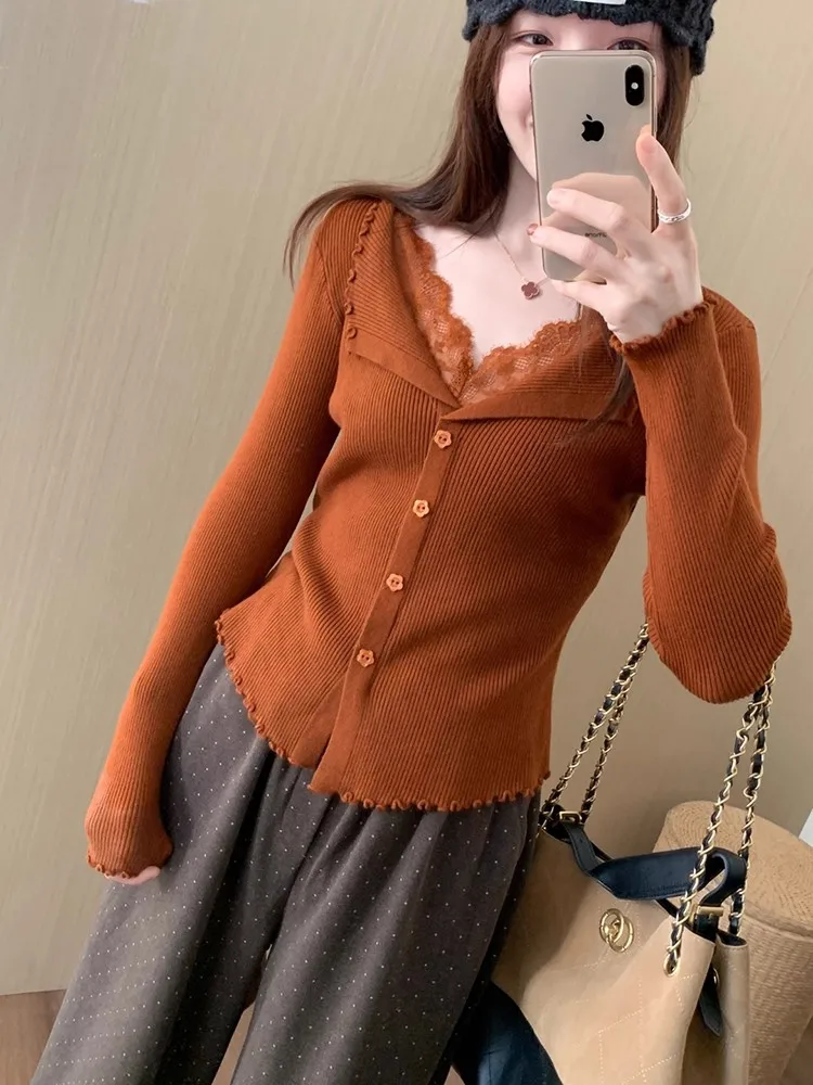 Women Pullover Korean Lace Fake Two Piece Knit Base Layer Sweater 2026 Autumn Winter Slightly Loose Elegant Versatile Basic Top