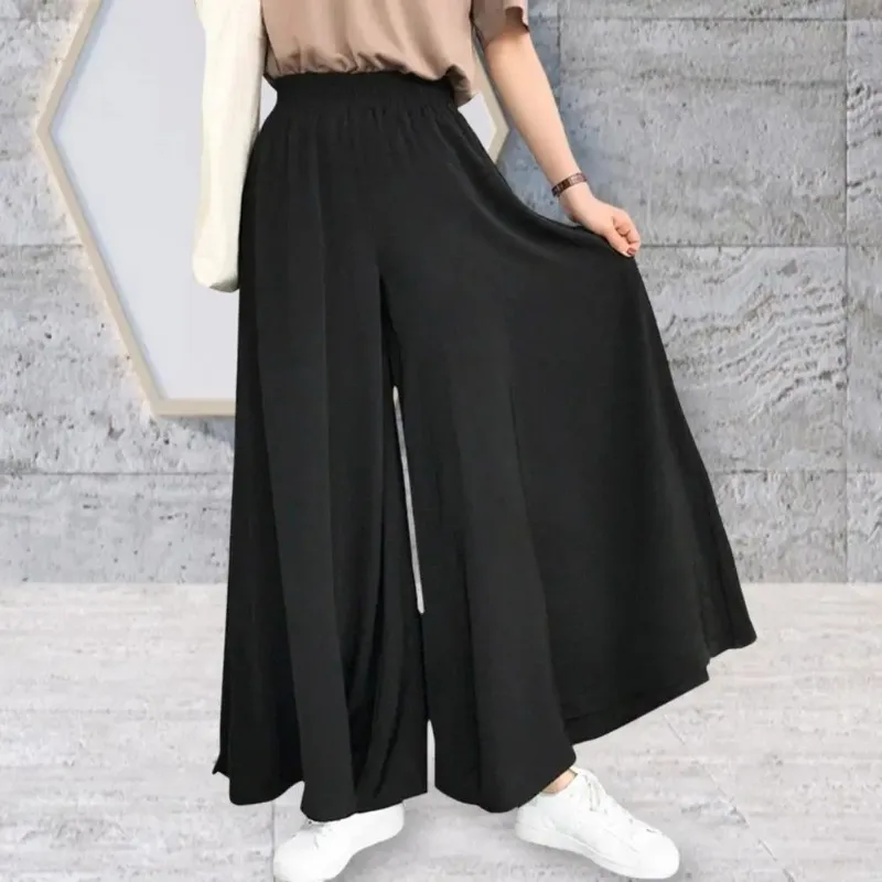 Rfewq Mode Hoge Taille Elastische Tailleband Effen Kleur Vrouwen Pantrok Full Length Oversized Wijde Pijpen Broek Vrouwelijke Kleding