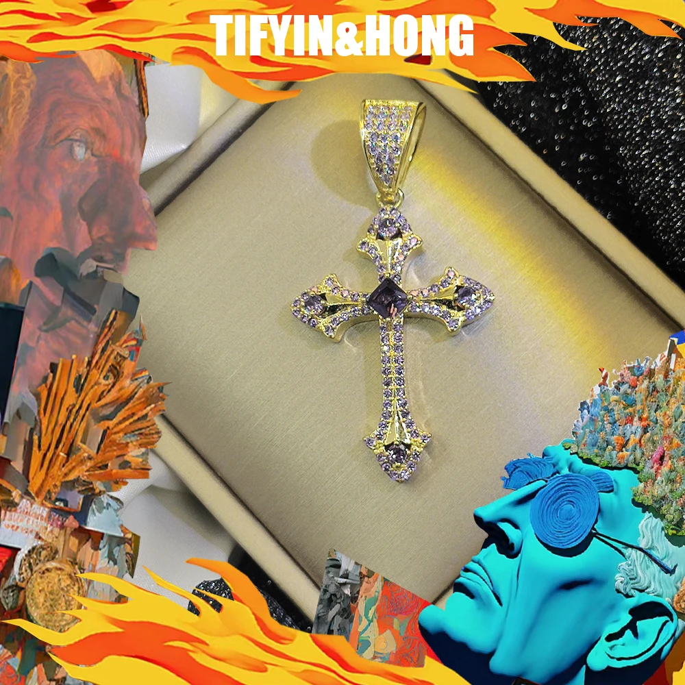 New men's necklace paired with diamond cross pendant, 18K gold-plated, exquisite packaging, and hip-hop gang decoration