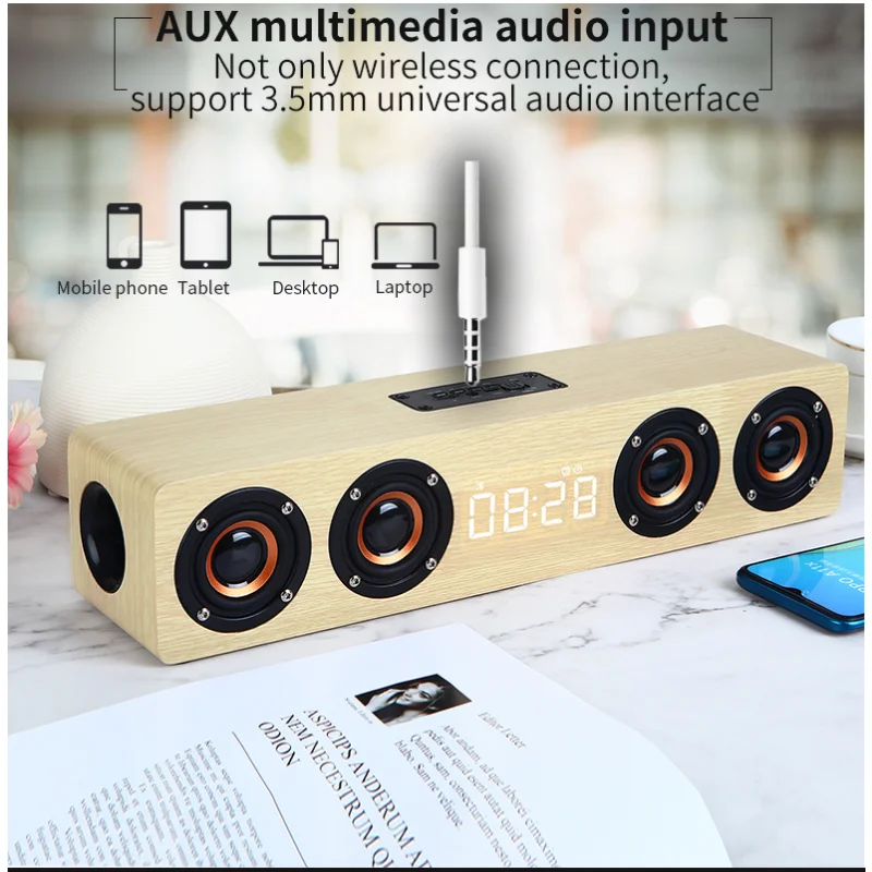 Wooden Bluetooth Speaker Alarm Clock Multi-function Wireless Subwoofer TV Soundbar Home Theater Column for Computer Speakers FM