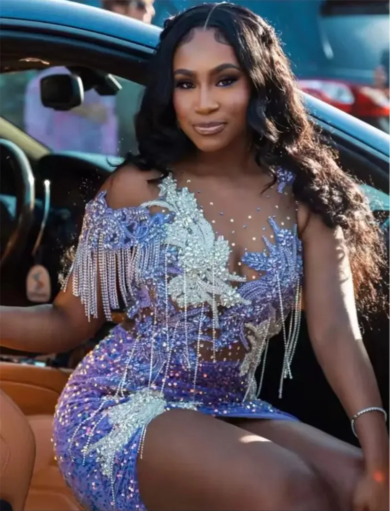 

Sparkly Crystals Birthday Dresses For Women One Shoulder African Black Girls Short Prom Dress Customized Party Gowns