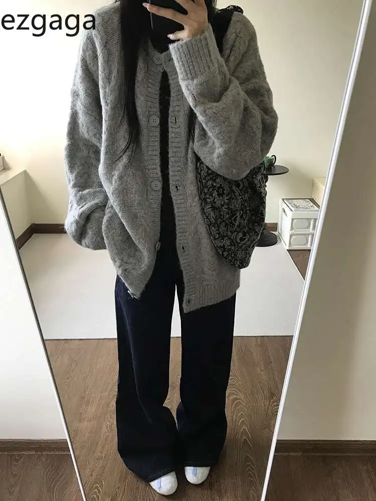 

Ezgaga Knitted Cardigan Women O Neck Autumn Winter Single Breasted Loose Outwear Solid Vintage Sweater Female Casual Tops