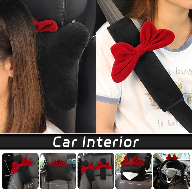 

Red Bow Car Interior Neck Pillow Headrest Car Seat Belt Shoulder Cover Steering Wheel Cover Cute Women Car Decorations Supplies