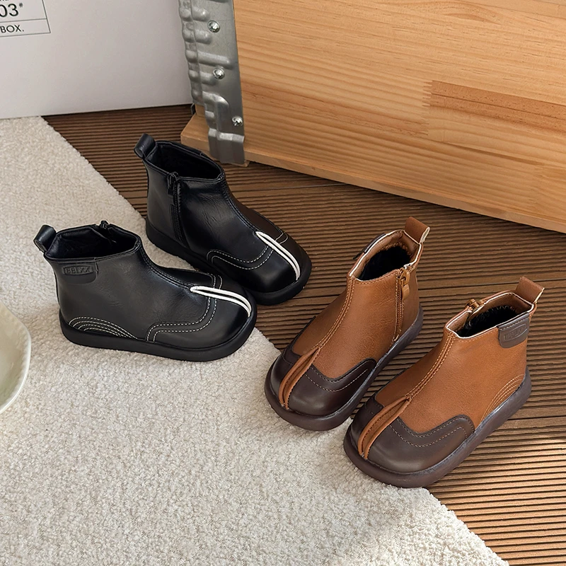 Kids Ankle Boots Side Zipper Children Fashion Leather Boots Non-slip Soft Sole Boys Girls Casual Short Boots 2026 Winter New