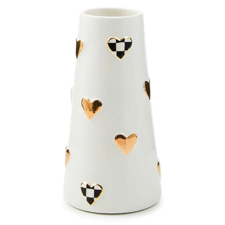 

Ceramic Heart Vase, Unique Decorative Vase, Short, BlackandWhite Courtly Check Customizable