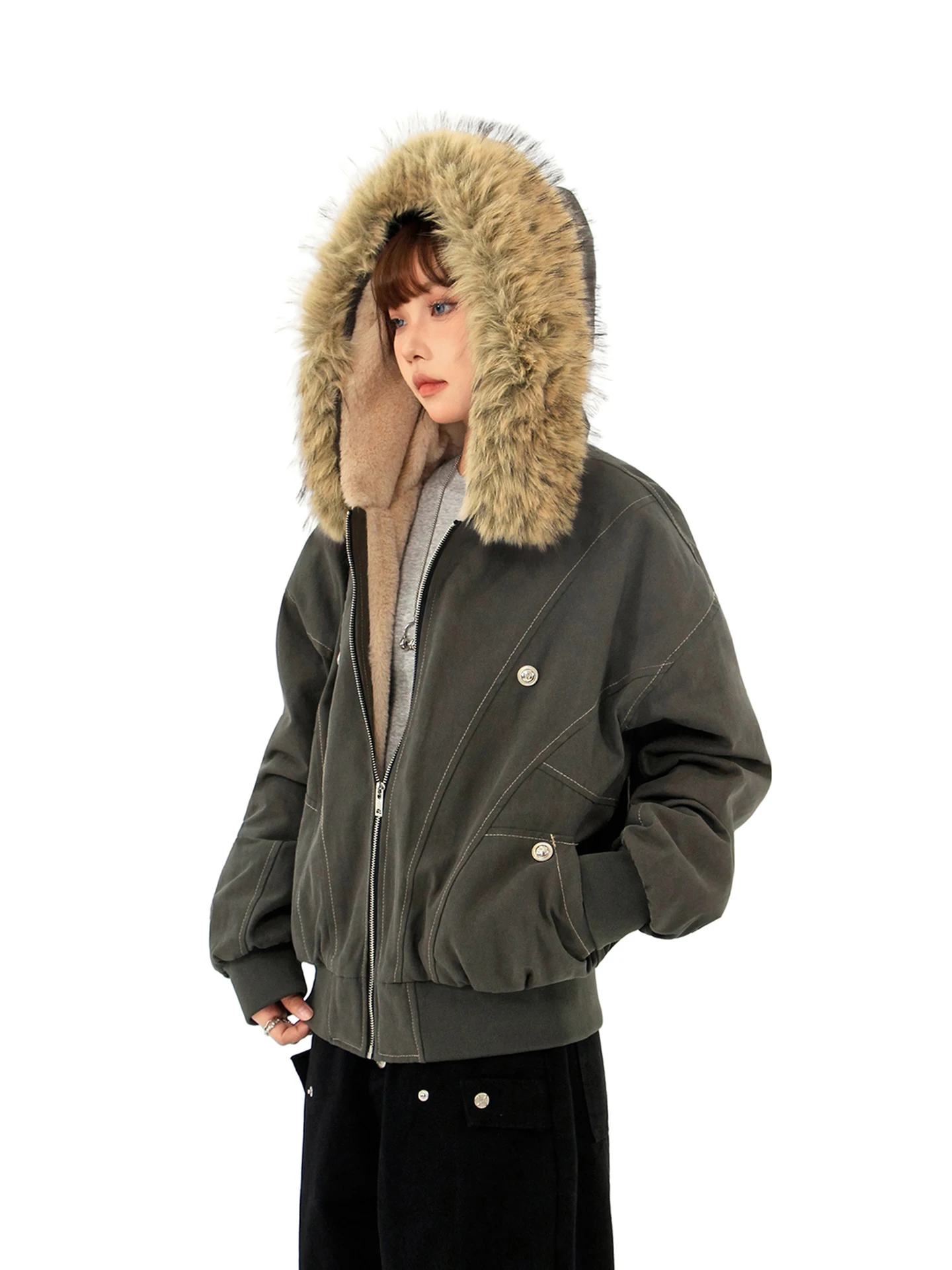 

Утепленная куртка Cleanfit из кроличьего меха для женщин, свободного кроя, хлопковая парка с капюшоном на молнии, осень-зима