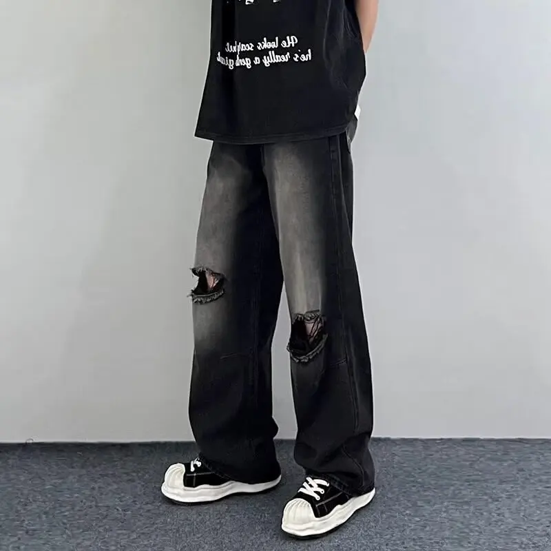 Straight Slimming Holes JeansinsFashion Brand American High Street Black Bootcut Trousers All-Match Fashion Youth