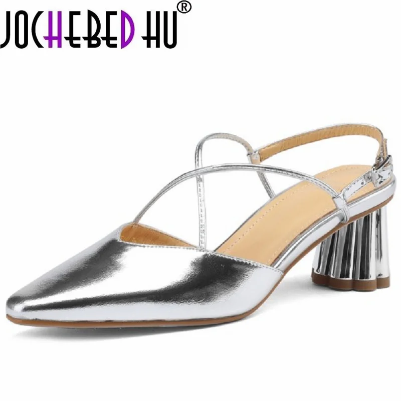 

【JOCHEBED HU】Basic Pointed Toe Women Sandals Cross-Tied Low Heels Pumps Brand Genuine Leather Mature Office Party Shoes 33-40