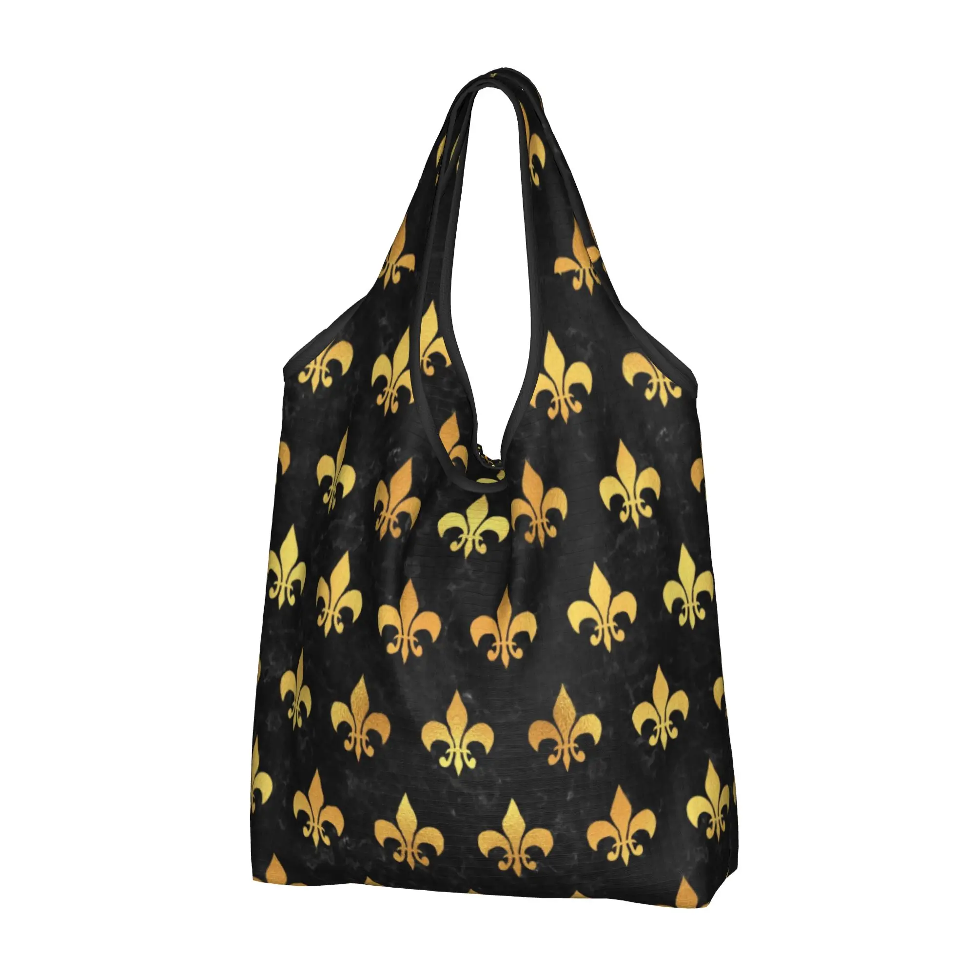 Fashion Printed Royal Gold Black Marble Fleur De Lis Shopping Tote Bag Portable Shoulder Shopper Lily Floral Handbag