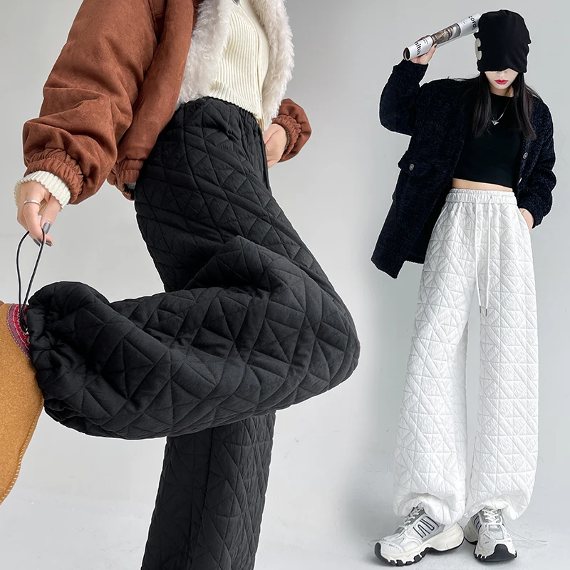 Korean Cotton Casual Pants Women Irregular Wilted 2024 Winter Warm Drawstring Corded Feet Rhombus Lattice Trousers