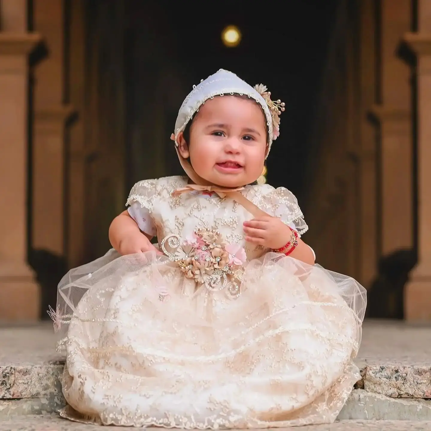 Elegant Ivory Christening Gowns for Baby Lace Beads First Communion Dresses Floral Newborn Infant Toddler Baptism Dresses