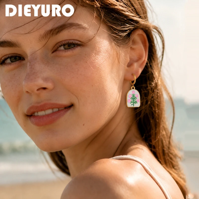 DIEYURO Stainless Steel Hand Painted Pink Enamel Flower White Arch Hoop Earrings Ladies Trend Waterproof Dangle Earrings Jewelry