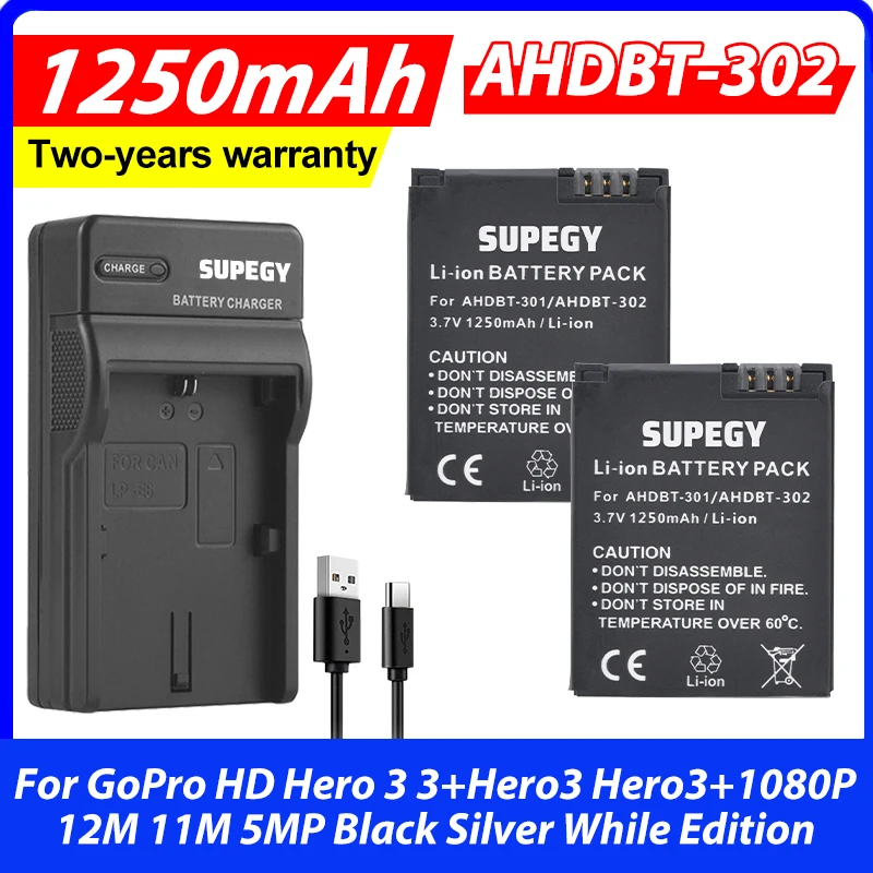 Cargador de Batería y Pantalla LCD AHDBT-302 AHDBT302 301 201 para GoPro HD Hero 3 3+ Hero3 Hero3+ 1080P 12M 11M 5MP Edición Negra y Plateada