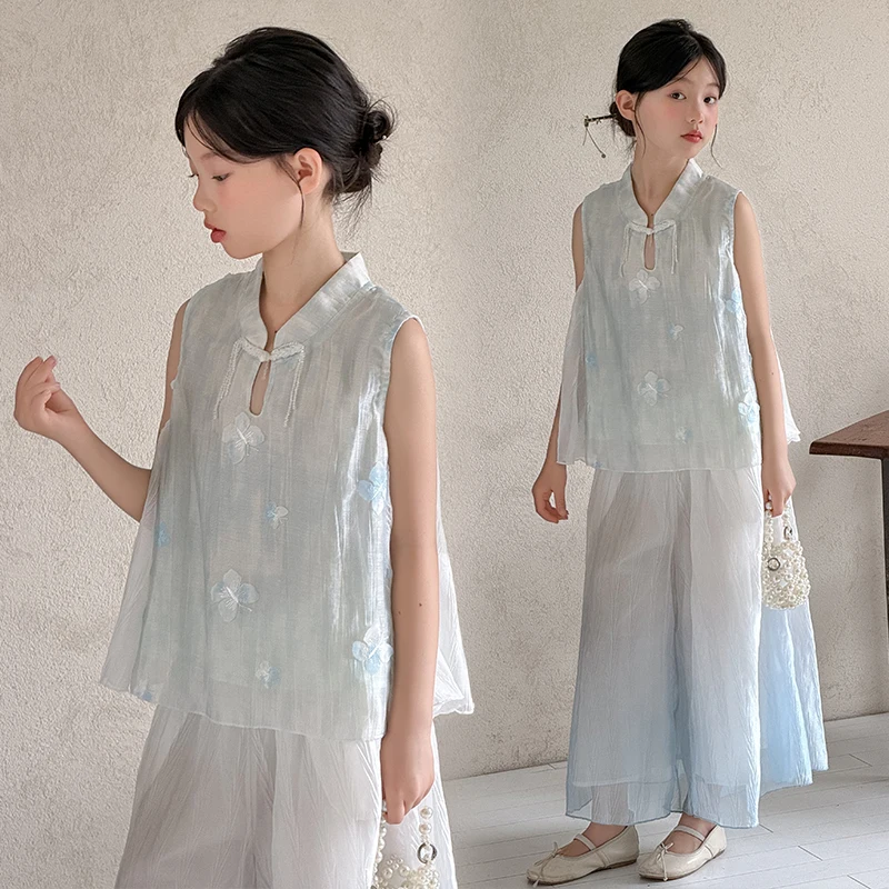 Girls New Chinese Style 2PCS Set Sleeveless Stand Collar Top Gradient Wide Leg Pants Summer Casual Hanfu Inspired Outfit For Kid