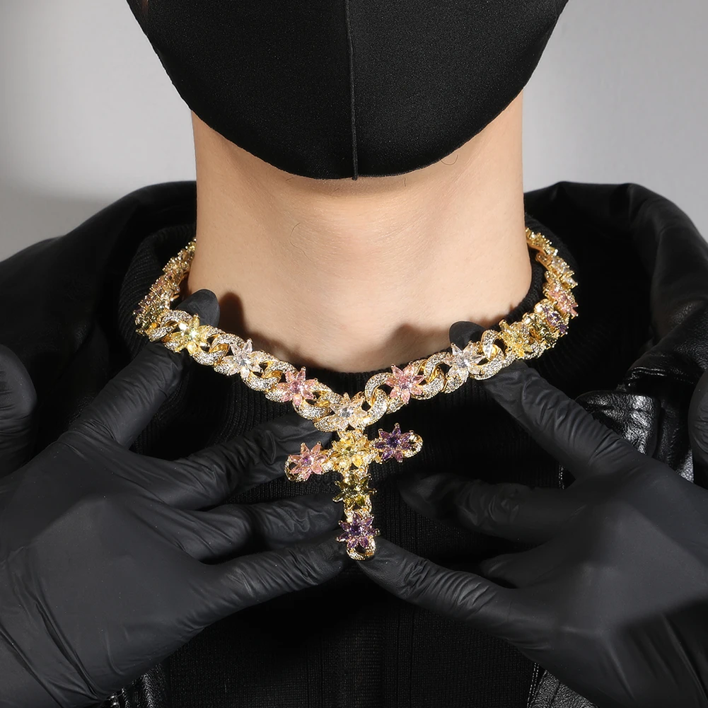 THE BLING KING Full Multi Color CZ Flower Infinity Chain Necklace For Women Cross Pendant Micro Paved Cubic Zircon Link Jewelry