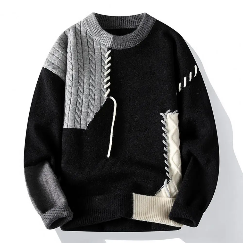 Round Neck Men Sweater Men's Color Block Knit Sweater with Round Neck Loose Fit Thick Warm Pullover for Casual or for Autumn